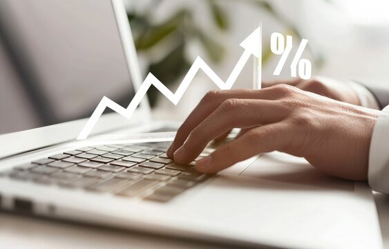 Businessman hand working with laptop. 3d graph of growth overlay on the image showing real estate and mortgage investment and profit. concept for home loan, insurance and invest. 