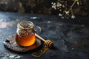 Golden sweet honey in a glass jar on a dark background. Beekeeping development concept, copy space
 - obrazy, fototapety, plakaty