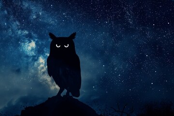 Silhouette of an owl with smoke eyes under a starry night wisdom scene.