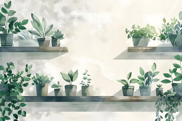 Watercolor Illustration of Indoor Plants on Floating Shelves Illustration