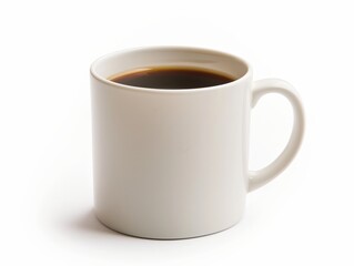 Close-up of a full white mug with coffee against a clean white background, symbolizing refreshment and simplicity.