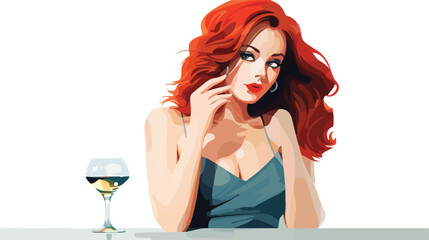 A young beautiful girl with red hair sits at a table
