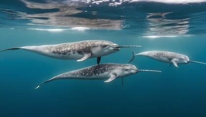 A Pod Of Narwhals With Their Distinctive Tusks