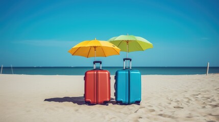 A Beach Scene with Two Colorful Umbrellas and Suitcases