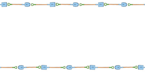 Vector frame from garden shovel, spade, scoop. Work tools. Horizontal upper and lower edging, border, divider on topics of gardening, farming, agriculture