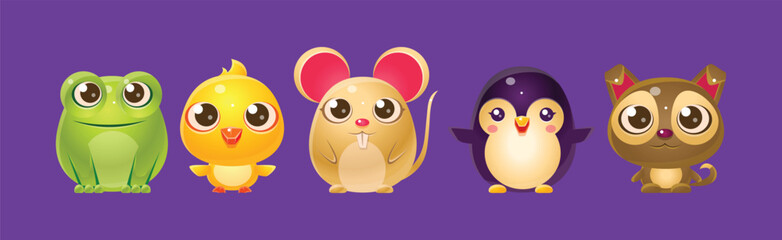 Funny Animal with Cute Face Isolated on Purple Background Vector Set