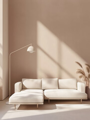 Minimalist living room interior in warm serene tones with a sofa and a lamp as decor