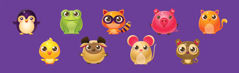 Funny Animal with Cute Face Isolated on Purple Background Vector Set