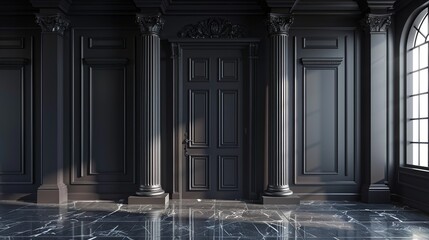 Classic interior architecture background with black door and column pillars shining. 3d rendered