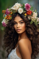 Fototapeta premium Stunning woman with long curly hair wearing a flower crown. Fictional character created by Generated AI. 