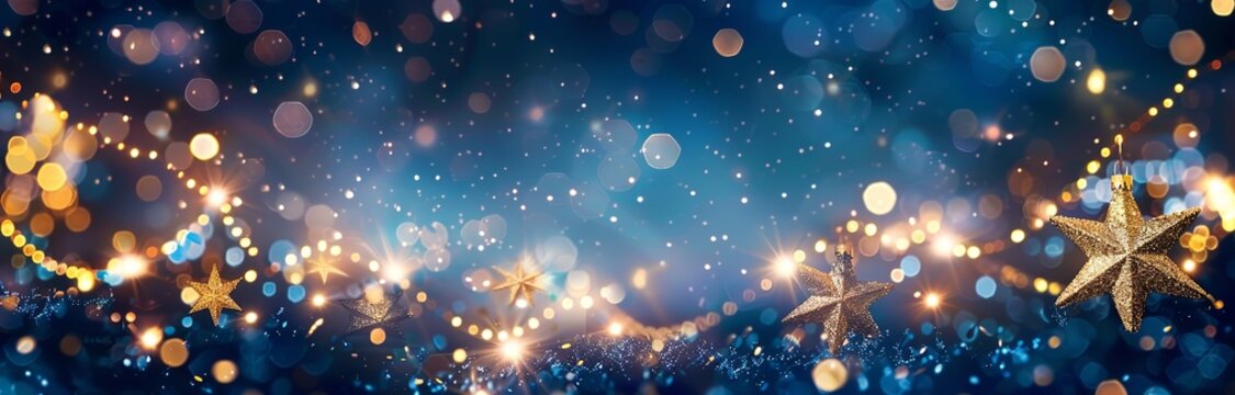 Blue Defocused Abstract Background adorned with Glittering String Lights and Bokeh. Made with Generative AI Technology