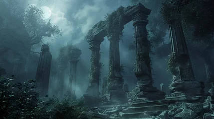 An ancient, overgrown temple nestled deep within a mist-covered jungle, its weathered stone pillars reaching towards the heavens, bathed in ethereal moonlight. © Ayesha