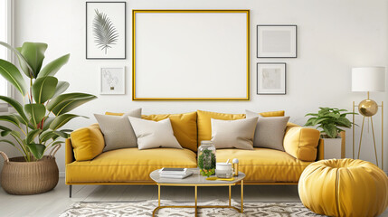 A bright and inviting living room featuring a yellow couch, otto , table, and plants. The interior design includes a mix of rectangle furniture and greenery, creating a cozy atmosphere