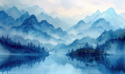 Schilderijen op glas misty mountain landscape  watercolor style © Pumapala