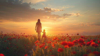 A woman and child walk hand in hand through a vibrant field of colorful flowers, surrounded by the beauty of nature on a sunny day, Happy Mother`s Day