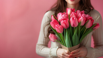 A woman beams with joy as she holds a beautiful bouquet of pink tulips, celebrating the arrival of spring and the beauty of nature, Happy Mother`s Day