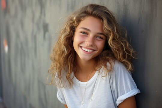 Beautiful smiling woman with curly hair. Fictional character created by Generated AI. 