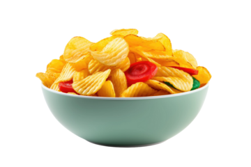 Green Bowl Filled With Yellow and Red Chips. On a White or Clear Surface PNG Transparent Background.