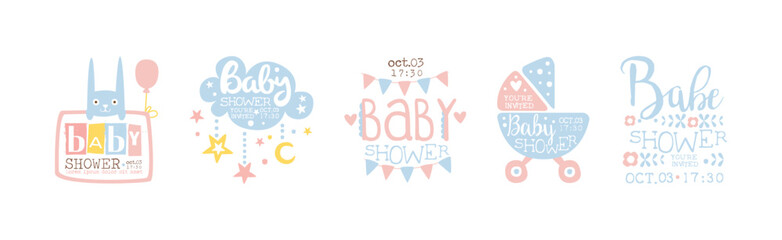 Baby Shower Invitation Template In Pastel Colors Vector Set
