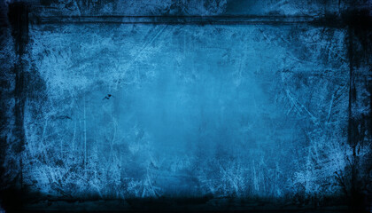 Obraz premium Grunge Horror Background. Old Blue Scratched Texture With Black Frame And Space For Your Text Or Picture. Halloween concept, card, poster; copy space
