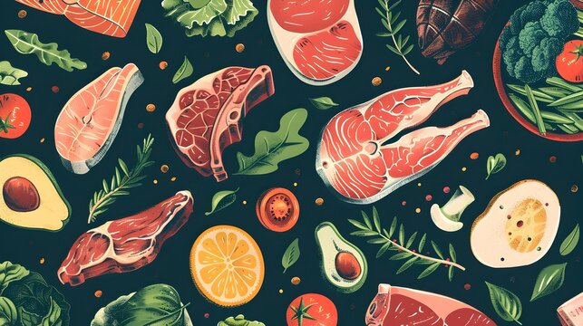 Food Illustration with Meats and Vegetables, Great for Culinary Websites