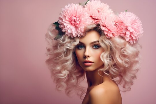 Stunning blonde woman with pink hair and pretty flowers crown. Fictional character created by Generated AI. 