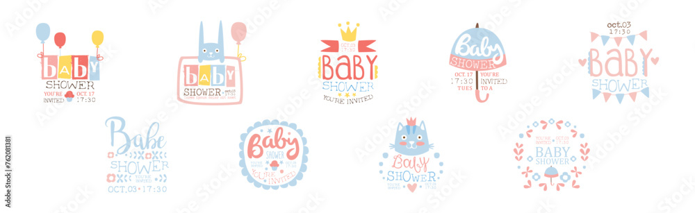 Sticker baby shower invitation template in pastel colors vector set