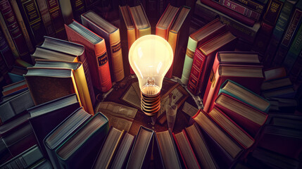 Ideas and knowledge concept image background with a glowing light bulb in middle of books in circle