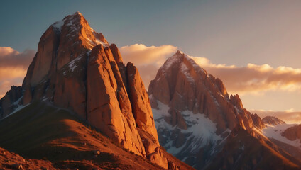 Erleuchtete Bergspitze im Sonnenuntergang – Naturschauspiel in Rot und Orange - obrazy, fototapety, plakaty