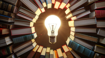 Ideas and knowledge concept image background with a glowing light bulb in middle of books in circle