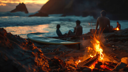 Beach bonfire on summer evening made by surfers relaxing after a day of surfing with friends , it is the moment for them to gathered around and share stories of their surf boards in the water