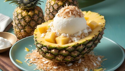 "Channel tropical vibes with a pineapple-coconut sundae, featuring chunks of fresh pineapple, coconut sorbet, and a sprinkle of toasted coconut flakes, all served in a hollowed-out pineapple shell."