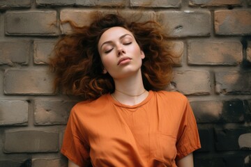 Sleeping Beauty - A young woman takes a nap in a captivating brick wall setting. Fictional character created by Generated AI. 