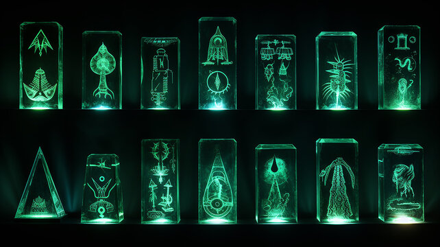 collection of runes, fictional icons of mystical magic, glowing set symbols on a black background, neon mysterious symbols