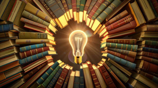 Ideas and knowledge concept image background with a glowing light bulb in middle of books in circle