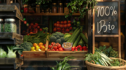 Organic vegetables and fruits shop window front view only selling Bio products concept image