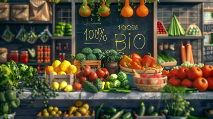 Organic vegetables and fruits shop window front view only selling Bio products concept image - obrazy, fototapety, plakaty