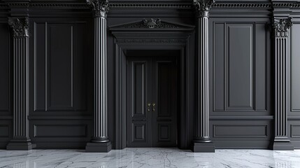 Elegant black door with classic columns and pillars. Interior colonnade stunning architecture background - obrazy, fototapety, plakaty