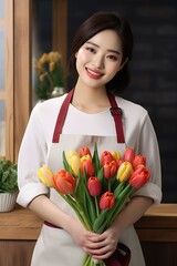 A cheerful woman holding a bouquet of red and yellow tulips. Fictional character created by Generated AI. 