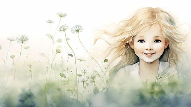 beautiful cheerful blonde girl, watercolor artwork among fresh green grass in a meadow, springtime background copy space
