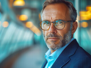 Fototapeta premium Confident mature businessman looking at camera standing in office. Elegant stylish corporate leader successful ceo executive manager