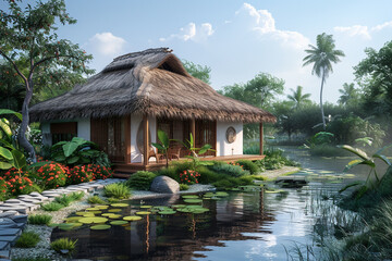 Fototapeta na wymiar a brown and white bamboo house with a thatched roof and a pond