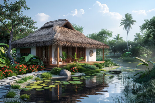 a brown and white bamboo house with a thatched roof and a pond