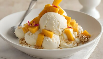 "Indulge in the flavors of the tropics with a coconut-infused ice cream sundae, featuring chunks of ripe mango, toasted coconut flakes, and a splash of tangy passion fruit sauce."