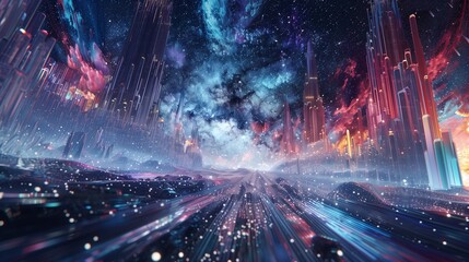 a realm of virtual reality where vast, crystalline spires stretch towards the digital sky, surrounded by a sea of shimmering code, pulsating with the heartbeat of a digital world. - obrazy, fototapety, plakaty