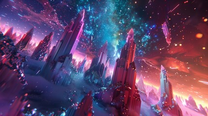 a realm of virtual reality where vast, crystalline spires stretch towards the digital sky, surrounded by a sea of shimmering code, pulsating with the heartbeat of a digital world. - obrazy, fototapety, plakaty
