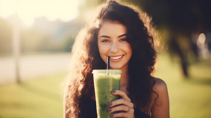 Radiant Young Woman Enjoying a Fresh Green Smoothie in Sunny Park Setting, Healthy Lifestyle Concept