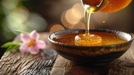 Honey dripping from honey dipper in wooden bowl with honeycomb on wooden table - obrazy, fototapety, plakaty