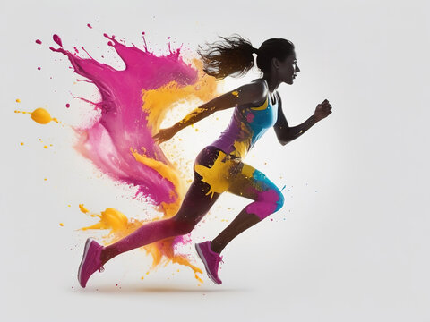 Running woman. Colorful paint splashes on a white background.