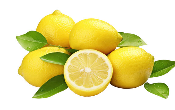 A Group of Lemons With Leaves on a White Background. On a White or Clear Surface PNG Transparent Background.